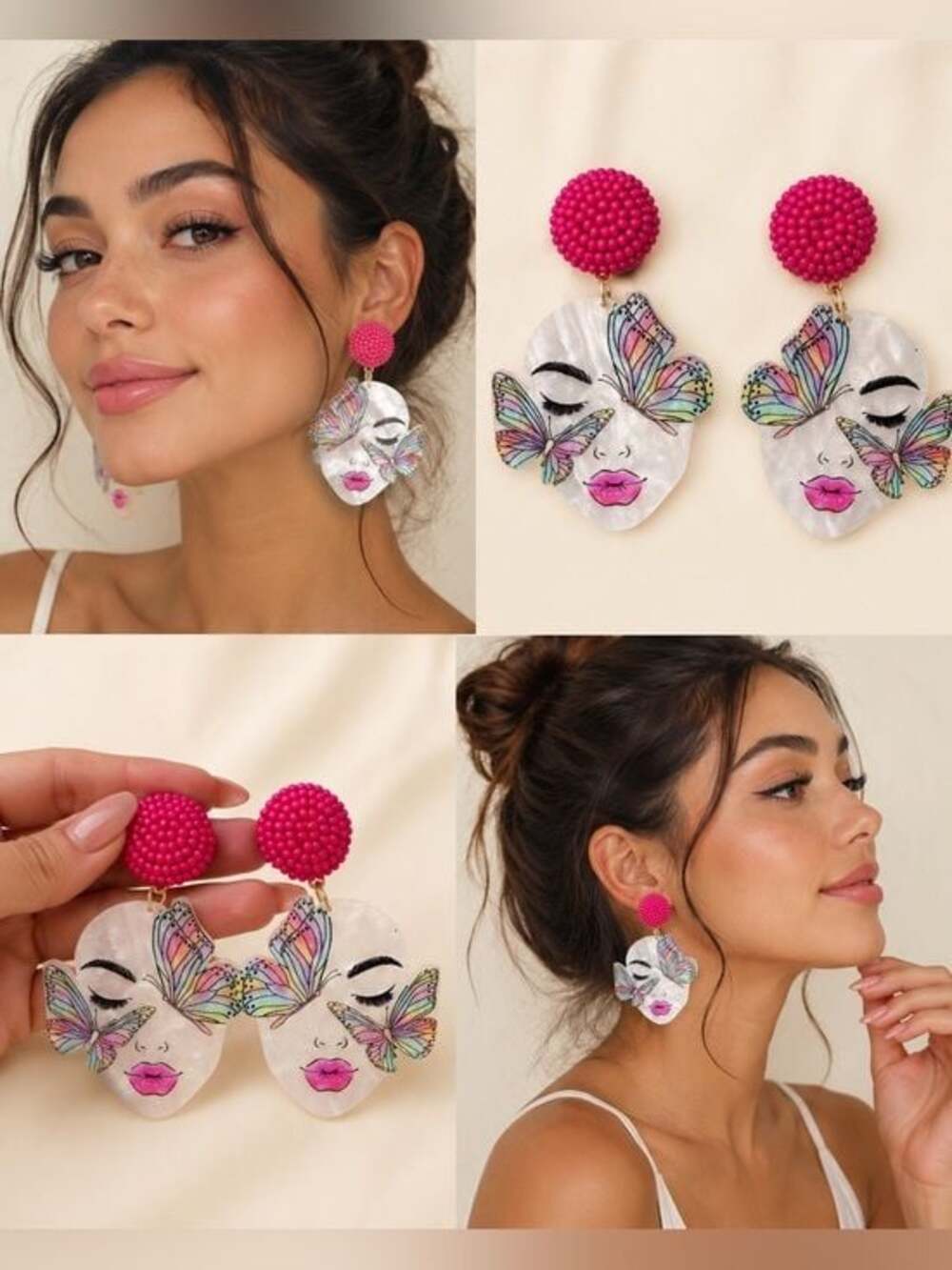 Hand-Painted Butterfly Face Drop Earrings in Fuchsia